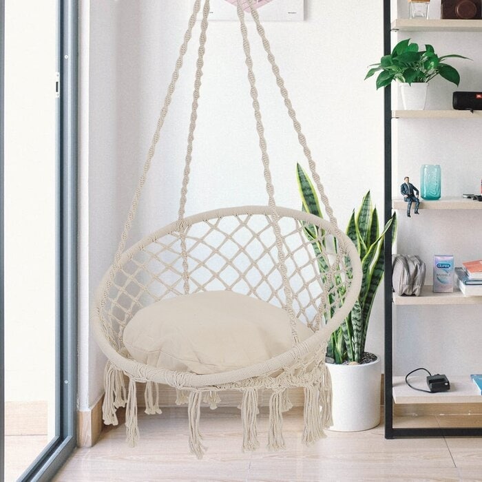TINTONLIFE Hammock Chair Macrame Swing with Cushion & Durable Hanging Hardware Kit，Max 330 Lbs-Indoor Macrame Swing Chairs 100% Cotton Rope for Bedroom &Outdoor ，Gift for Birthday & Christmas（Grey）