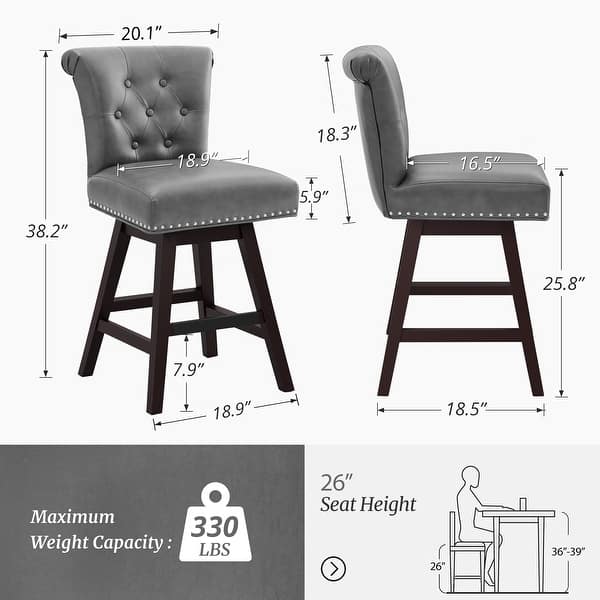 dimension image slide 2 of 6, 26 in. Set of 3 Upholstered Bar Stools Counter Height Barstool 360° Swivel with Curved Backrest, Armless Stool