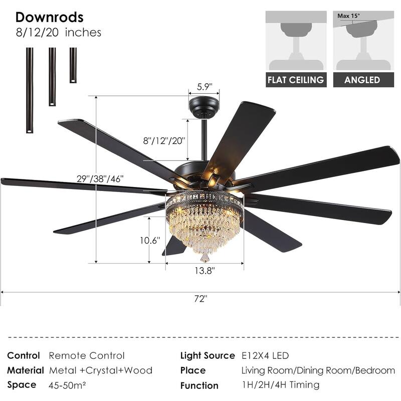 52 or 62 Inches Crystal Ceiling Fan Fandelier with Lights,For Bedroom Kitchen Patio Remote Control