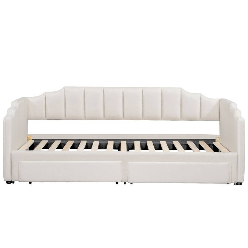 Twin XL to King Size Daybed, Extendable Upholstered Sofa Bed Frame with Two Storage Drawers and LED Light