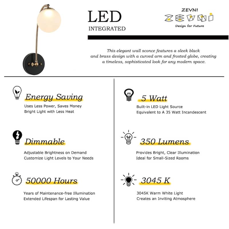 Icey 1-Light Modern Frosted Glass LED Black Gold Wall Sconce Globe Bathroom Vanity Light - 4.7" L x 12" W x 15" H