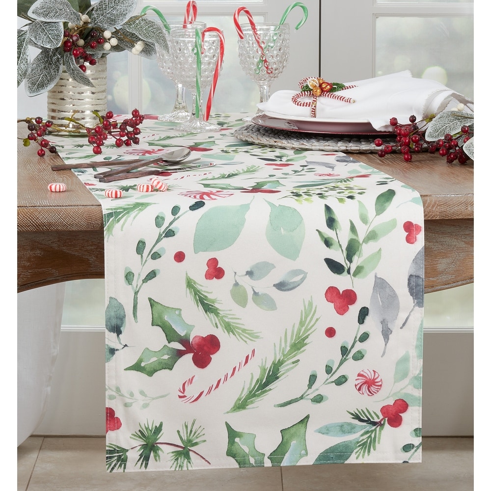 Candy Cane Table Runner With Christmas Foliage Design