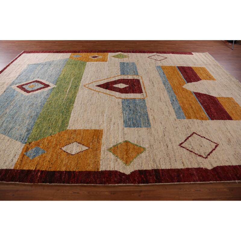 Moroccan Oriental Large Rug Handmade Modern Beige Wool Carpet - 9'11" x 13'8"