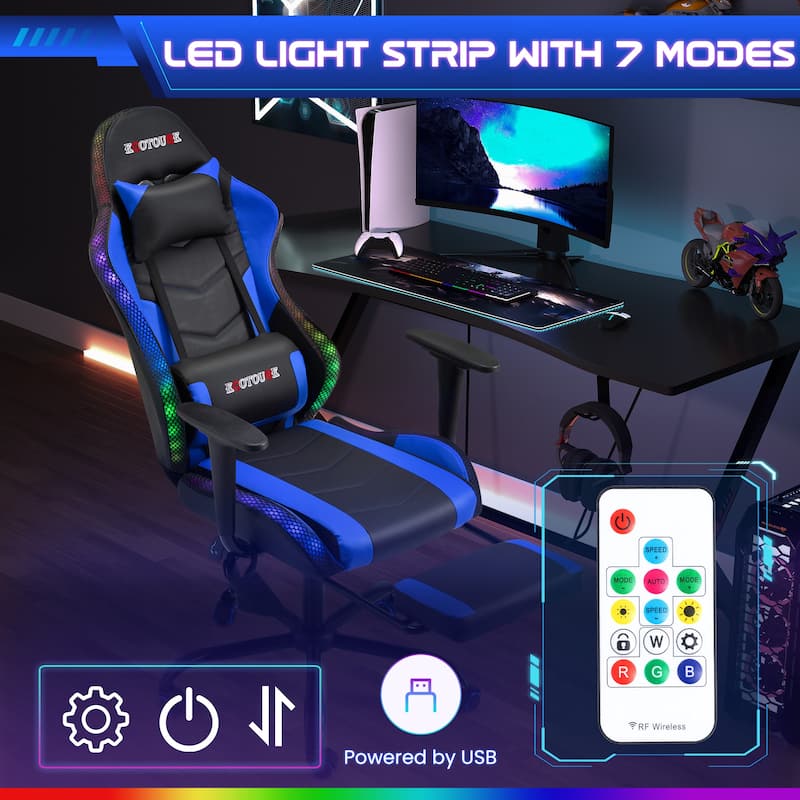 EROMMY RGB LED Gaming Chair with Massage Lumbar Support & Footrest, Ergonomic Reclining Computer Chair for Adults