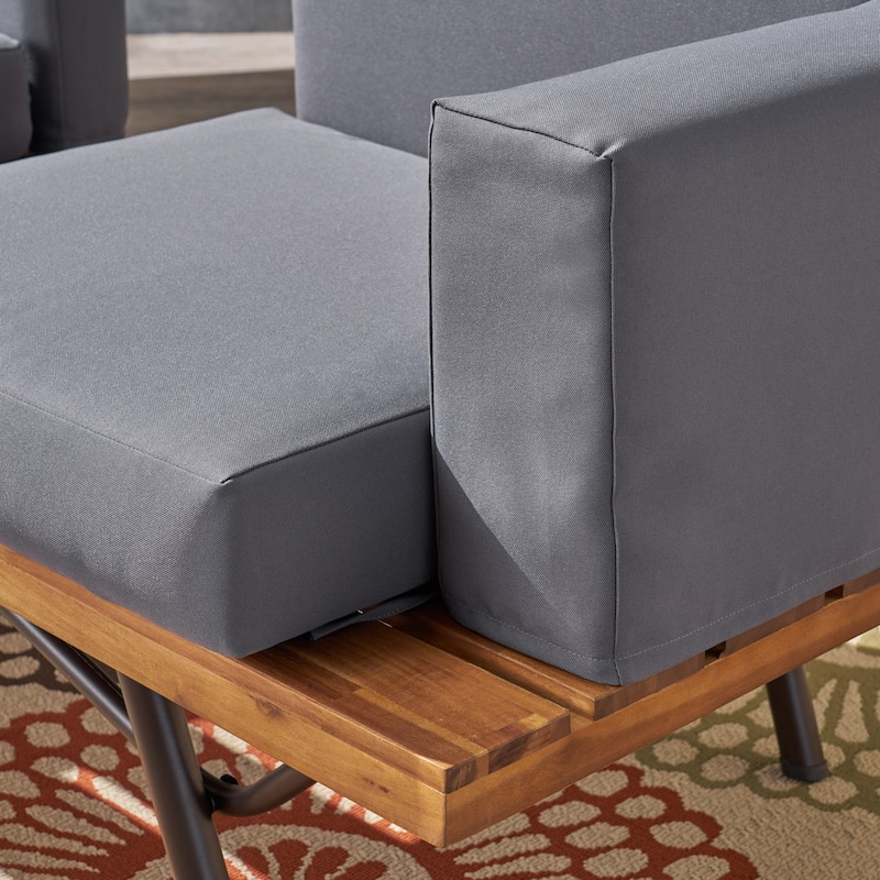 73 Inch 2-Seater Sofa Acacia Wood Iron Legs Gray Water-Resistant Cushions