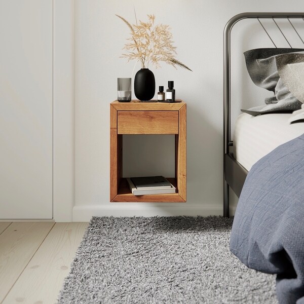 Artisan Oak Floating Nightstand with Modern Wall Mounted Drawer