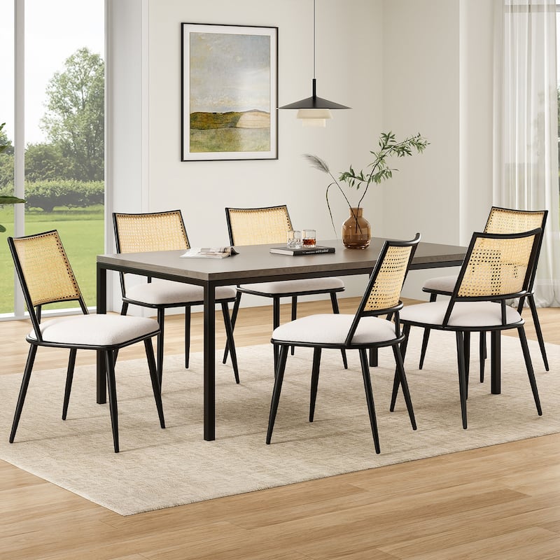 Dining Chairs Set of 2, Mid-Century Modern Kitchen Chairs with Rattan Backrest & Metal Frame, Boucle Upholstered Accent Chairs