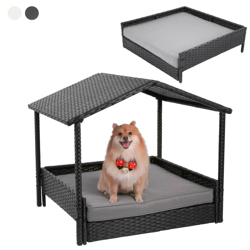 2 In 1 Wicker Pet Bed With Cushion and Canopy, Dog House - Grey
