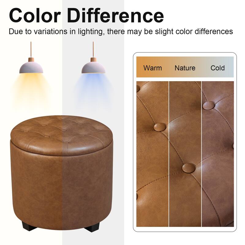 Adeco 17" Faux Leather Round Storage Ottoman with Tufted