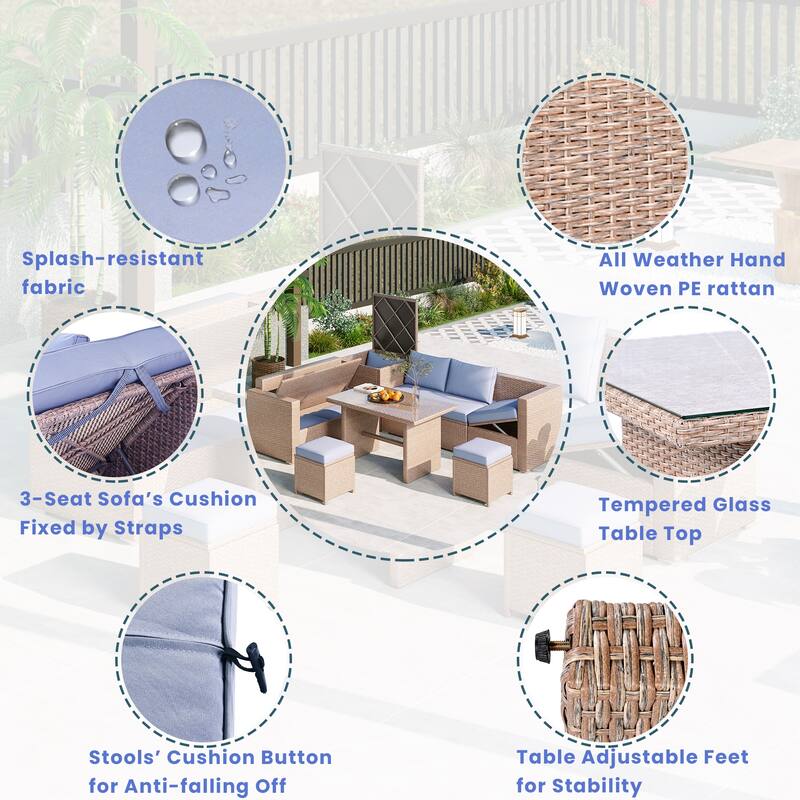 Roomfitters 6-Piece All-Weather PE Rattan Patio Sofa Set with Adjustable Seats, Storage Box and Glass Top Table