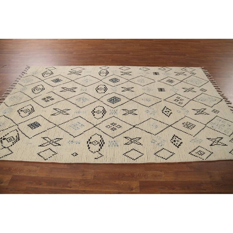 All-Over Design Ivory Moroccan Area Rug Handmade Oriental Wool Carpet - 5'2"x 8'8"