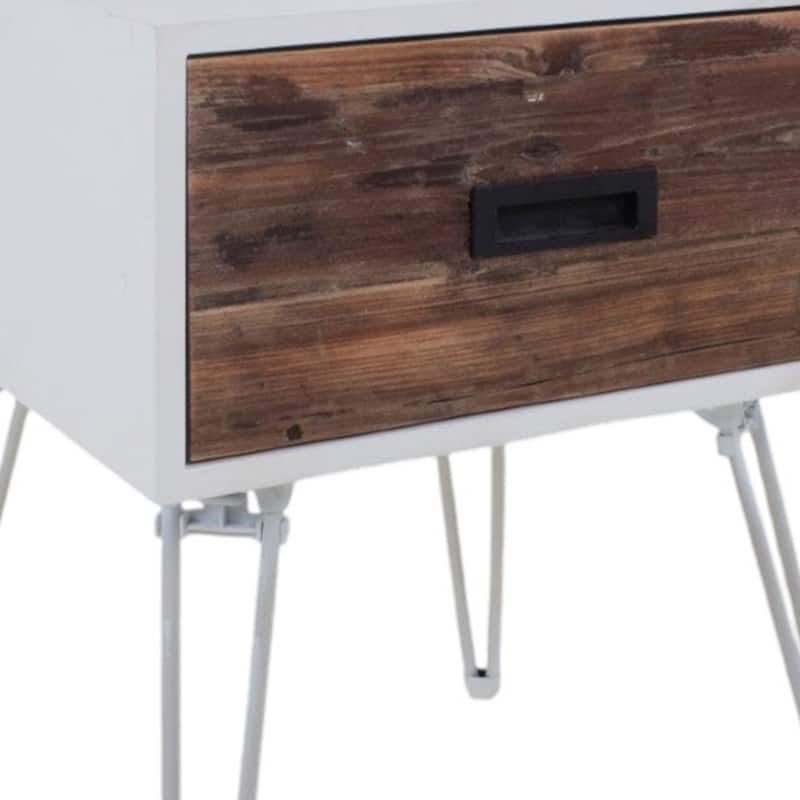 HomeRoots 23" Brown And White Wood And Metal Square End Table With Drawer - 18' X '23' X '18