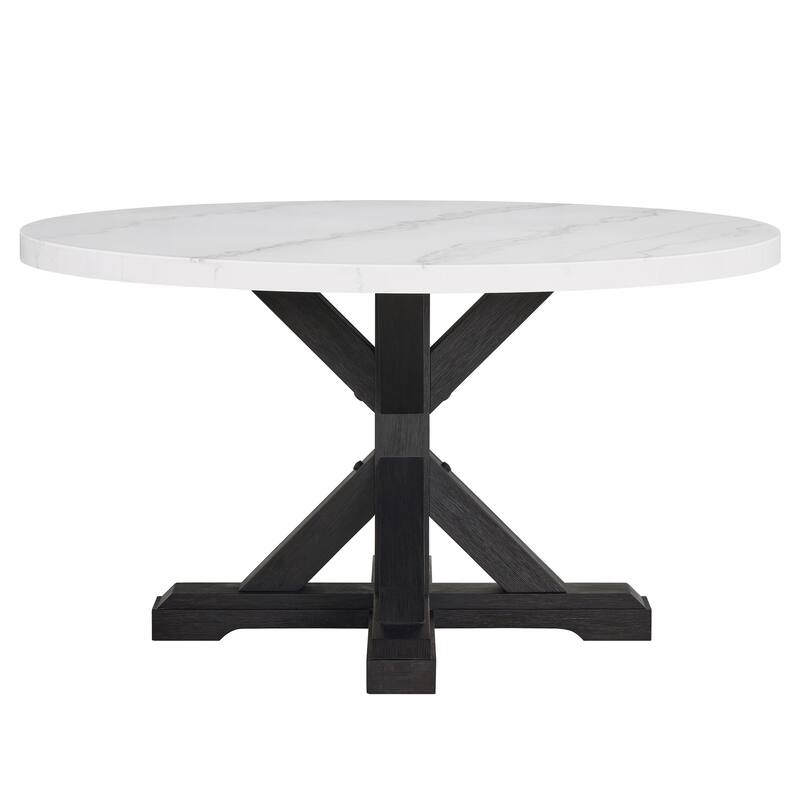 1pc Transitional Modern Formal Dining Table White Round Genuine Marble Table Top Black Finish Legs Wooden Dining Room Fu