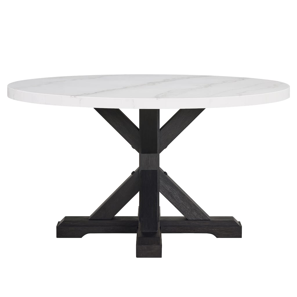 1pc Transitional Modern Formal Dining Table White Round Genuine Marble Table Top Black Finish Legs Wooden Dining Room Fu