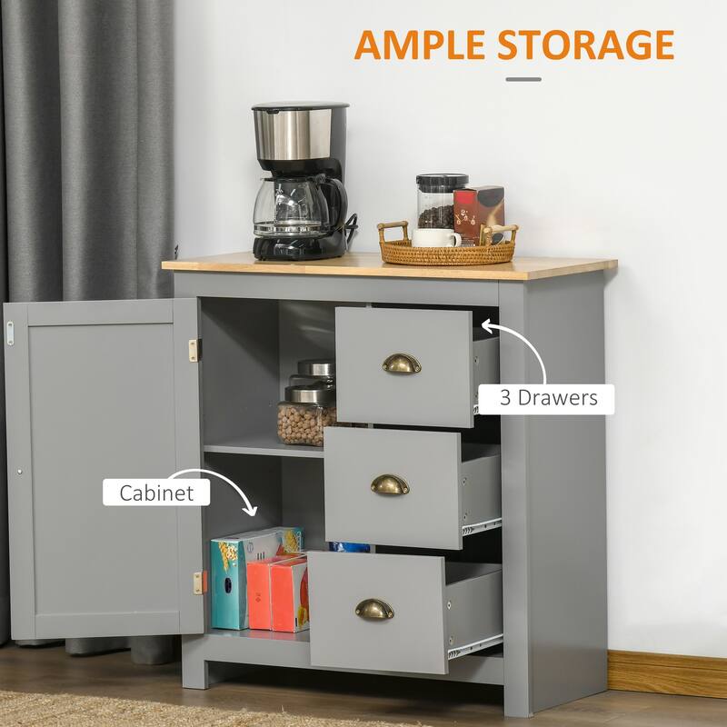 HOMCOM Modern Floor Cabinet, Storage Sideboard, Kitchen Buffet Table w/ Rubberwood Top, 3 Drawers and Cabinet