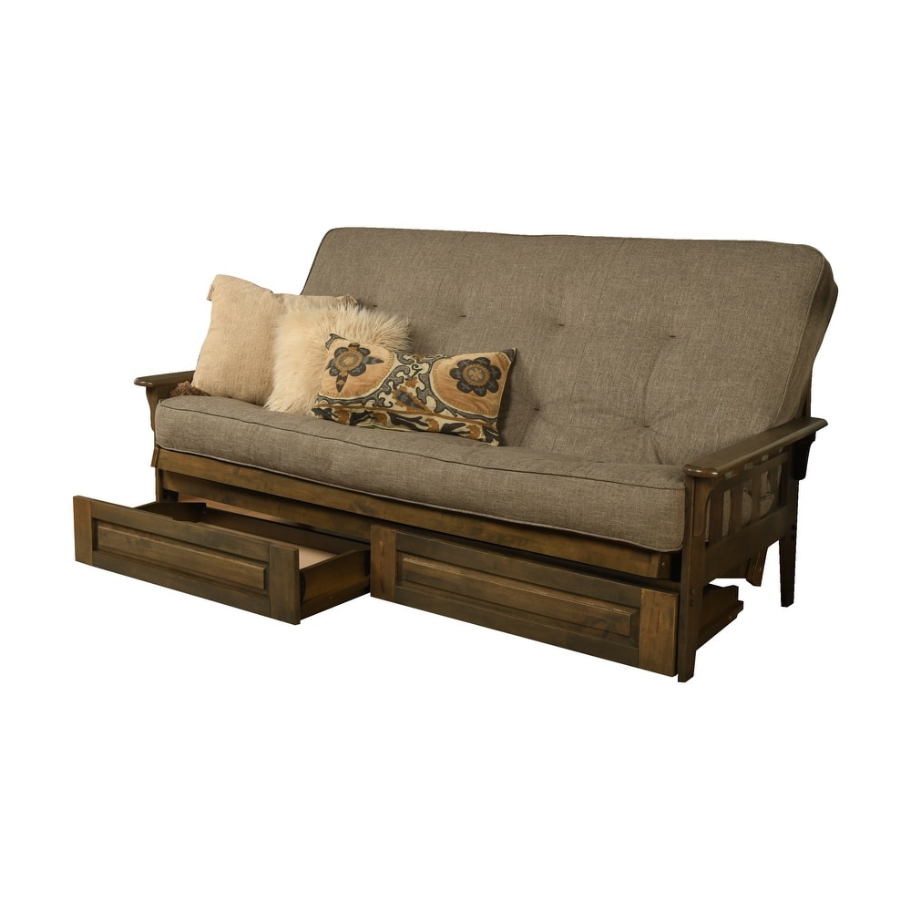 Somette Tucson Queen-size Storage Futon Set in Rustic Walnut Finish with Linen Mattress