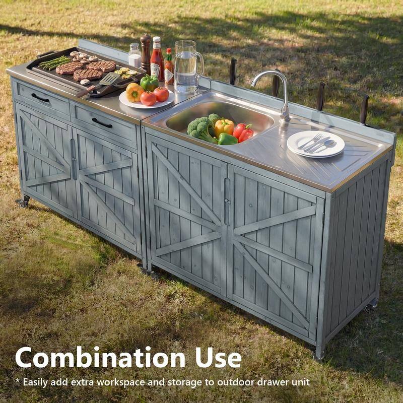 2-Piece Outdoor Kitchen Island Set with Stainless Steel Top and Sink, Drawer and Cabinets for Outdoor Storage w/ Wheels