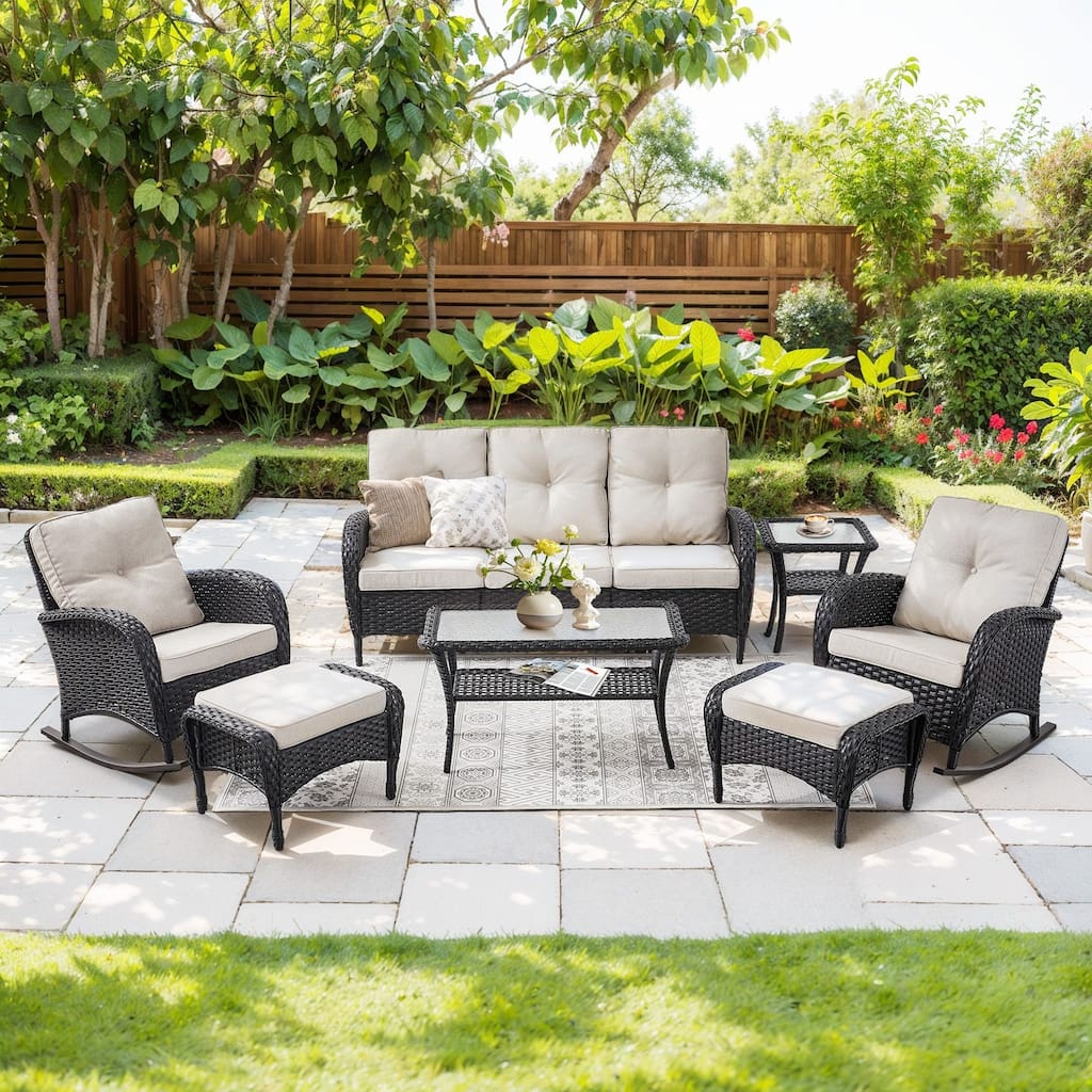 7-Piece Sofa with Rocking Chairs Ottomans and Table Set