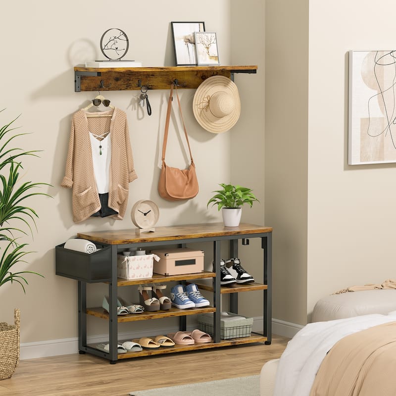 Industrial Hall Tree, 4-in-1 Entryway Coat Rack and Shoe Bench Rack Set with 5 Shoe Storage Cabinets