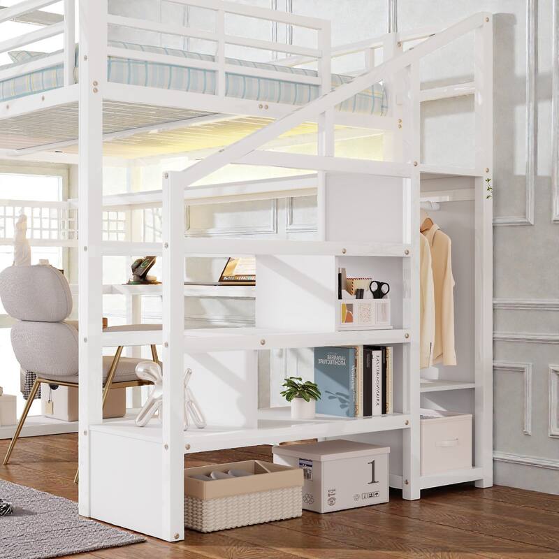 Full Size Metal Loft Bed with Staircase Storage, Wardrobe, Desk, Shelves, LED Lights and Charging Station