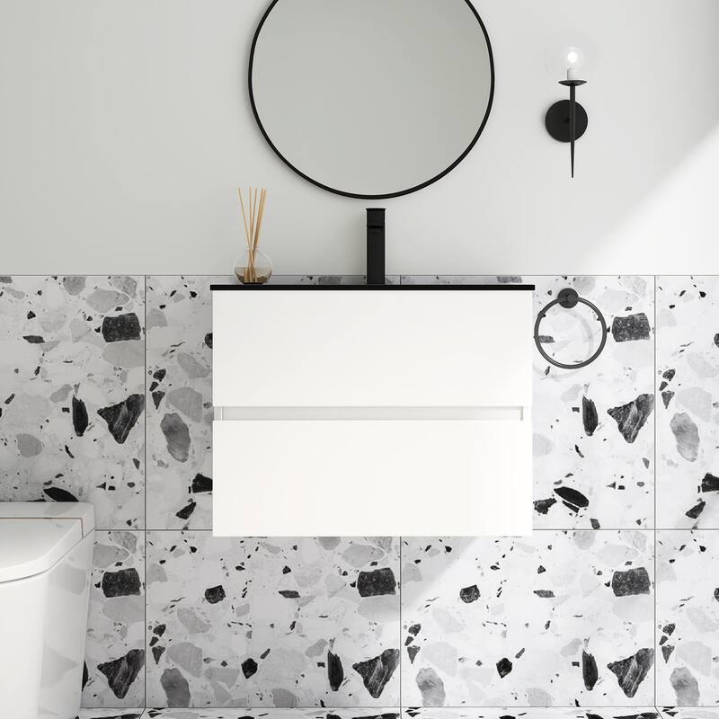 Wall-Mounted Bathroom Vanity Set in White with Black Quartz Top and Integrated Sink