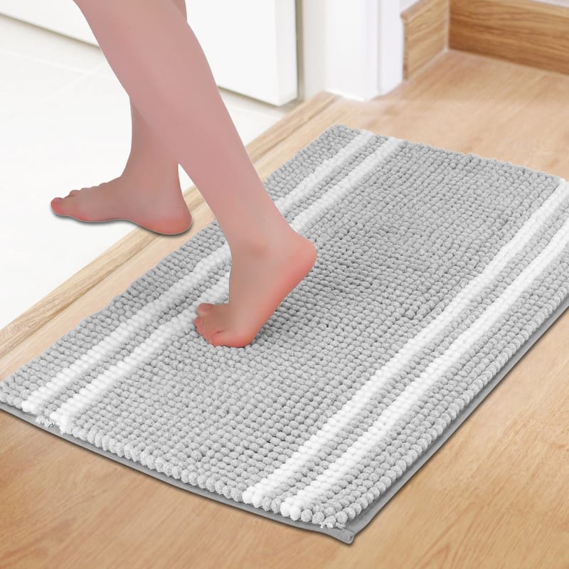 Striped Bathroom Rugs, Soft and Absorbent Fluffy Chenille Bath Rug, Non Slip Bathroom Floor Mat, Machine Wash Dry - Light Grey - 16" x 24"