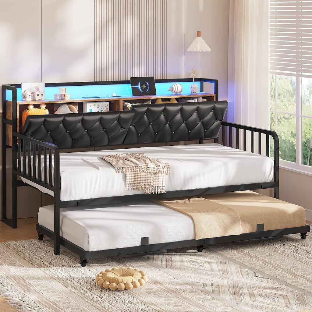 Daybed with Trundle Charging Station LED Lights Storage Headboard