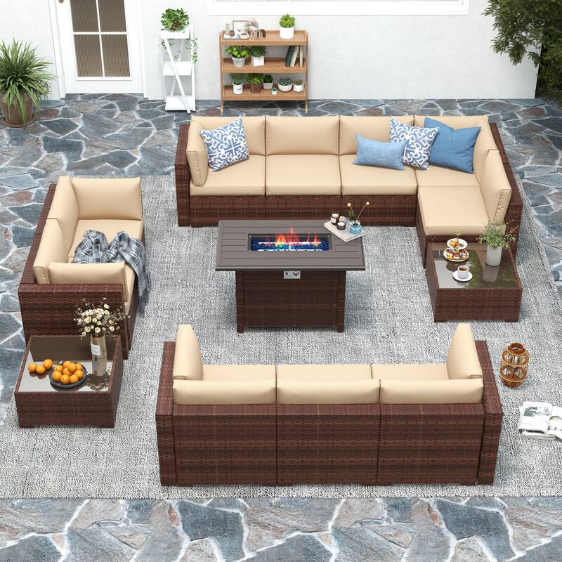 13 Piece Wicker Set Patio Sofa Furniture with Fire Pit And Table - Brown/Beige