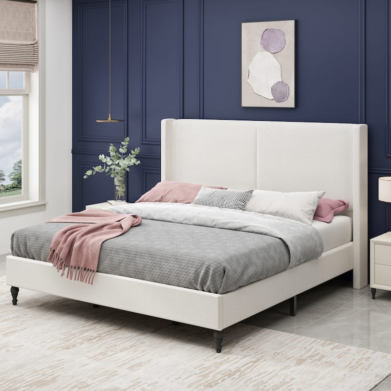 Boucle Upholstered Platform Bed with 55.5" High Wingback Headboard, Slats Support, Solid Wood Feet and Optional King or Queen