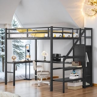 Full Size Metal Loft Bed with L-shaped Desk, USB and Wardrobe, Black