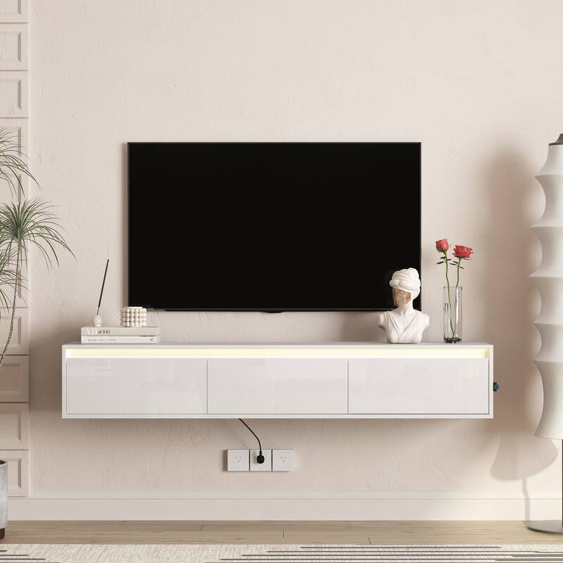 Wall Mounted TV Shelf with Led Lights & Power Outlet,High Gloss TV Cabinet for White TV Stands for Living Room - White