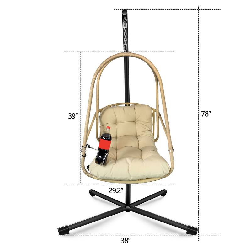 Swing Egg Chair with Stand and Cup Holder, Basket Hanging Chair with Cushion & Pillow Patio Wicker Hanging Chair