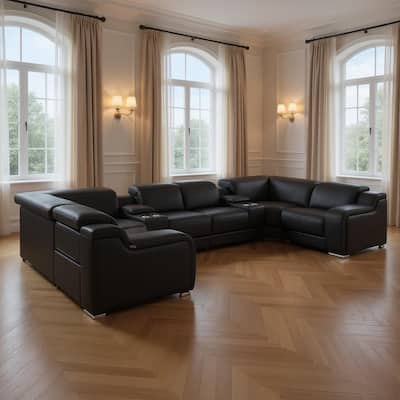 HomeRoots Black Italian Leather Power Reclining U Shaped Eight Piece Corner Sectional With Console