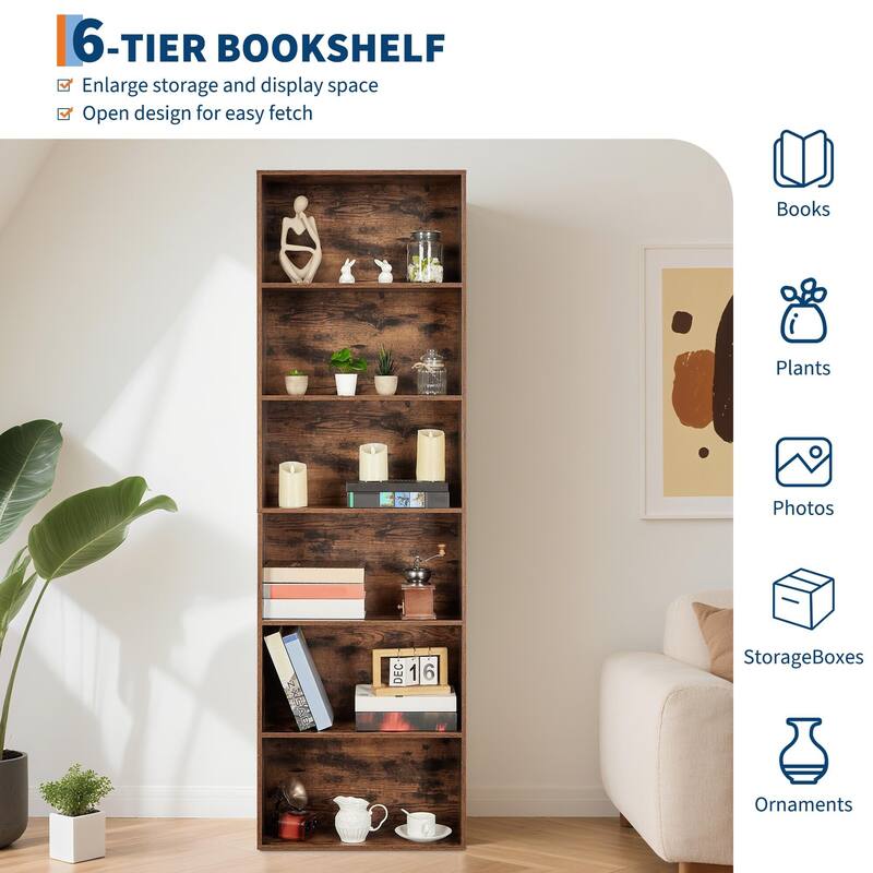 Rustic Industrial Bookcase - 6 Shelf Wood Organizer for Home, Office, Library