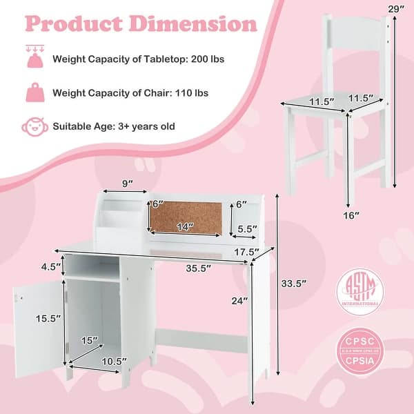 Costway Kids Study Desk with Chair, Whiteboard, Marker, Hutch, Storage