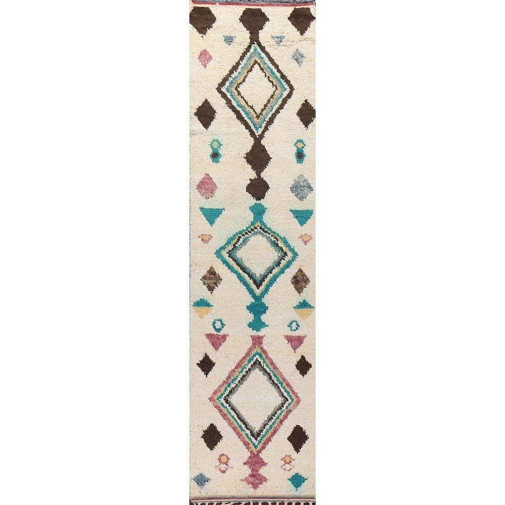 Tribal Geometric Moroccan Oriental Runner Rug Wool Hand-knotted Carpet - 2'6" x 12'8"