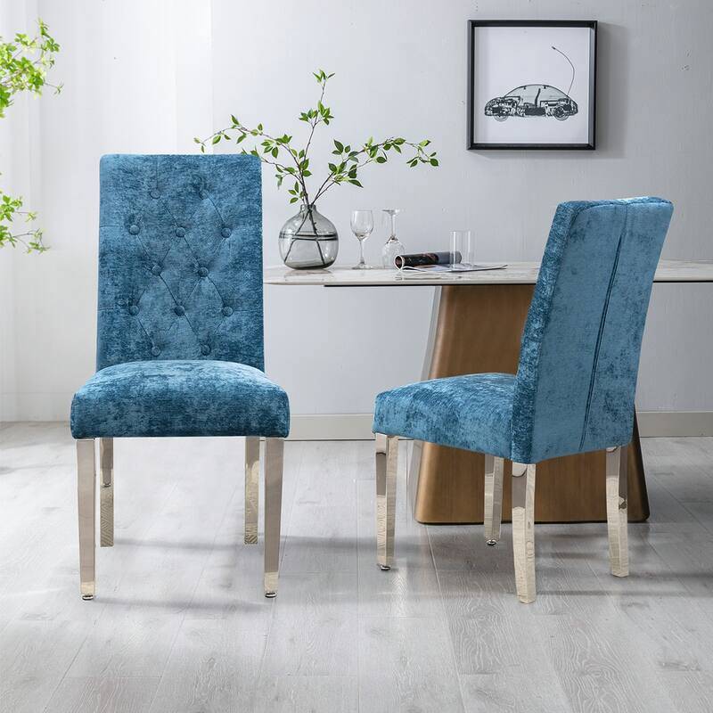 2PCS Velvet Dining Chairs With Stainless Steel Legs - Lake Blue