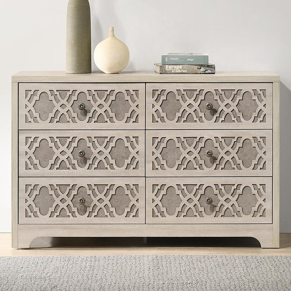 grey white oak dresser Agnes Curved Edge 5 Drawer Dresser, Dove Gray with Oak Top