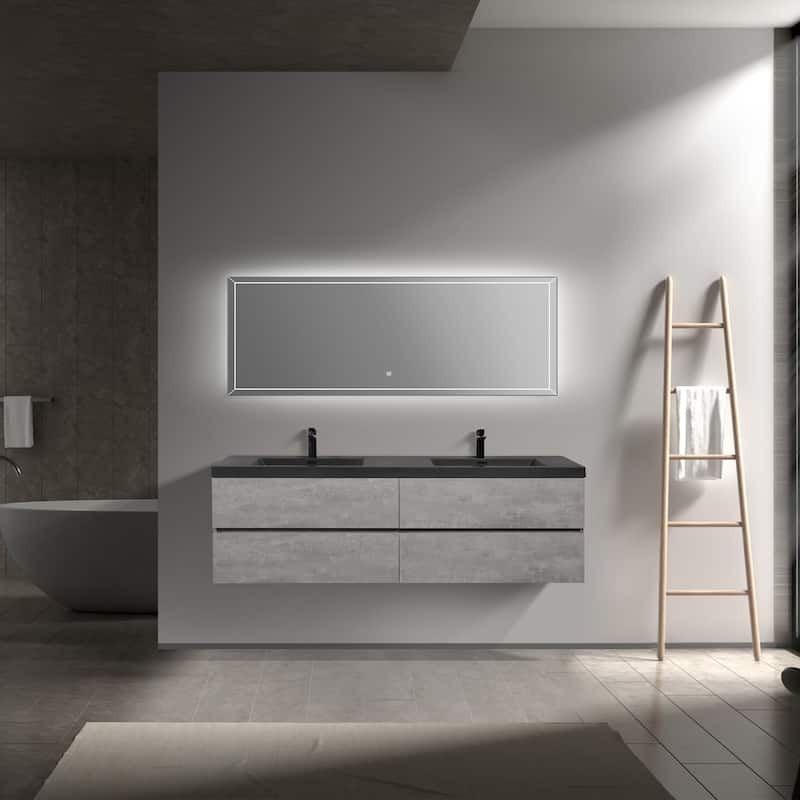 42/48/60/72 inch Plywood Floating Bathroom Vanity in Cement Grey with Integrated Quartz Sink - 72" x 20"