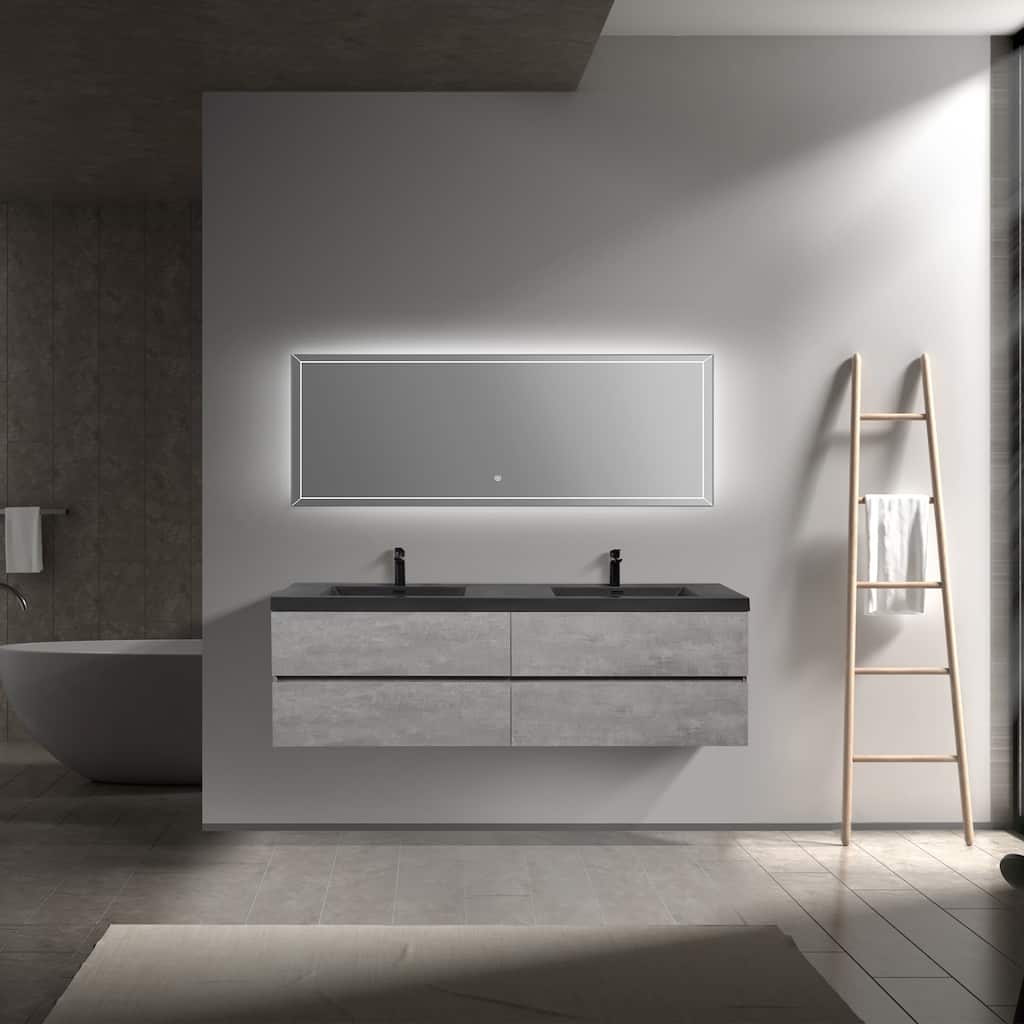 42/48/60/72 inch Plywood Floating Bathroom Vanity in Cement Grey with Integrated Quartz Sink