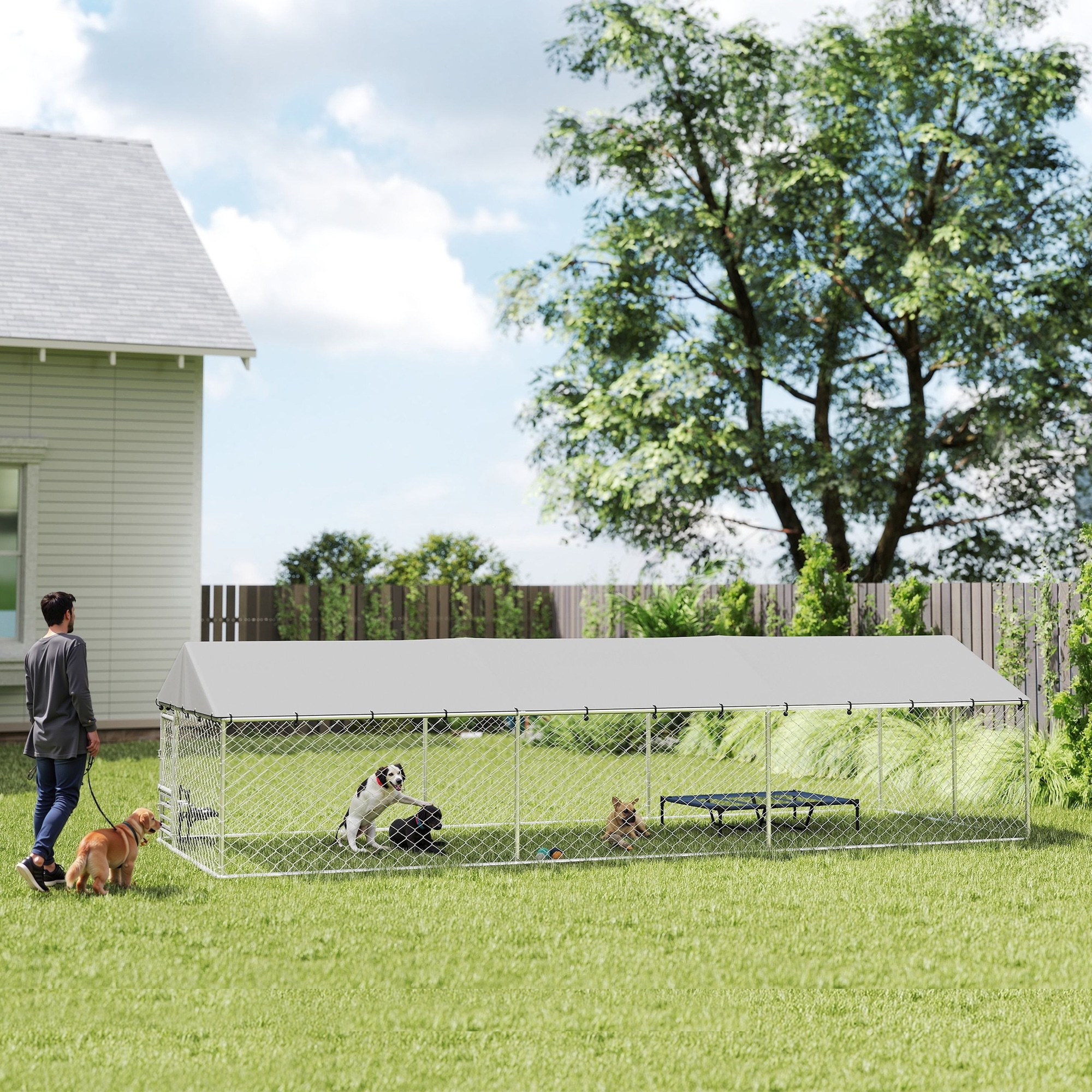 PawHut 20'x7.5'x5' Chain Link Outdoor Dog Kennel Run with Roof Cover