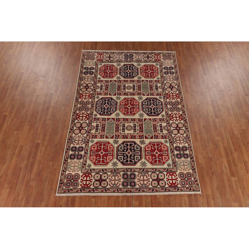 Geometric Kazak Area Rug Handmade Oriental Bedroom Wool Carpet - 6'6" x 9'7"