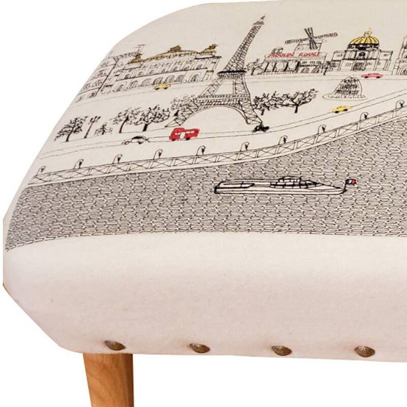 HomeRoots 38" Paris Daylight Skyline Embroidered Ottoman