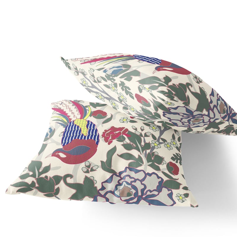 HomeRoots Set of Two 16" X 16" Red and White Peacock Blown Seam Floral Indoor Outdoor Throw Pillow - 16.00' X '16.00' X '5.00