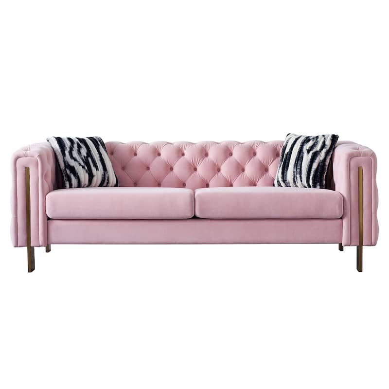 84.25" Luxurious Tufted Velvet Upholstered 3-Seater Sofa with Golden Metal Armrest Design and Buttoned Tufted Backrest - Pink
