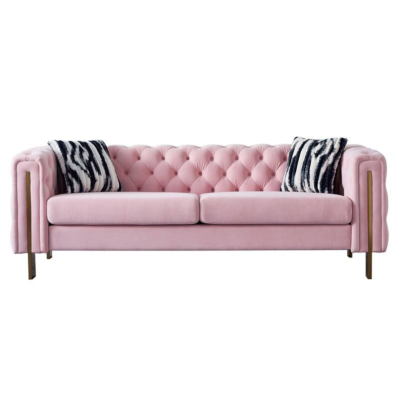 84.25" Velvet Chesterfield Sofa with Button Tufting, Gold Metal Legs, and Toss Pillows for Living Room Comfort - Pink