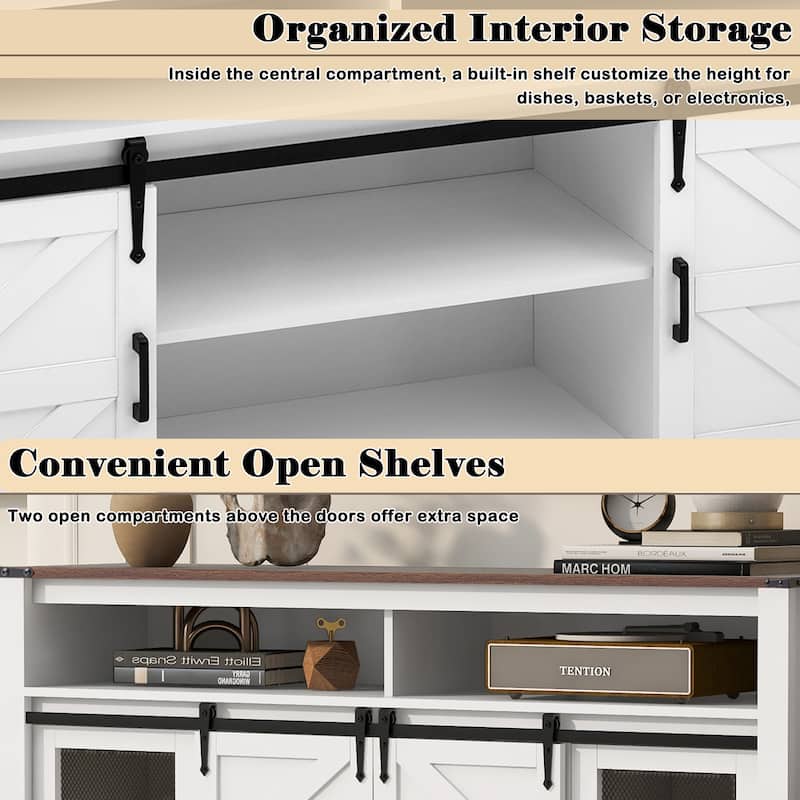 59.3" Farmhouse Sideboard with Sliding Barn Doors & Mesh Panels, Buffet Cabinet with Open Storage for Kitchen or Living Room