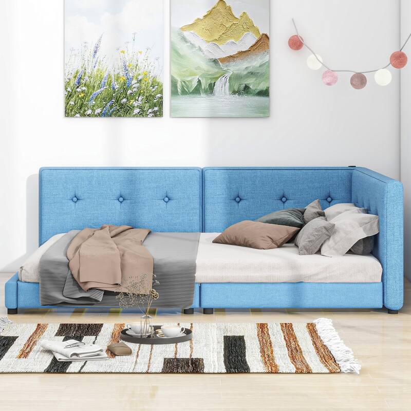 Queen Size Linen Daybed Bed w/ USB Ports Upholstered Platform Bed Frame & Solid Wood Slats Support, Space-Saving/Easy Assembly