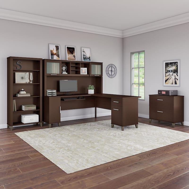 Somerset 72W L Shaped Desk with Hutch, Cabinet and Bookcase in Gray - Mocha Cherry