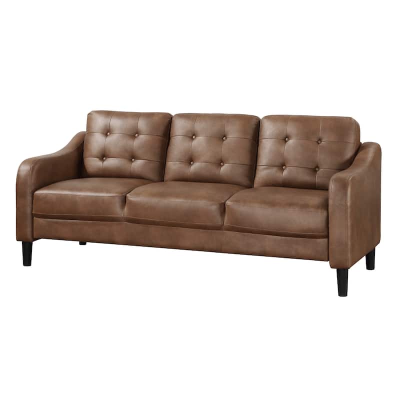 Orry 77 Inch Sofa, Button Tufted Back, Brown Microfiber, Black Solid Wood